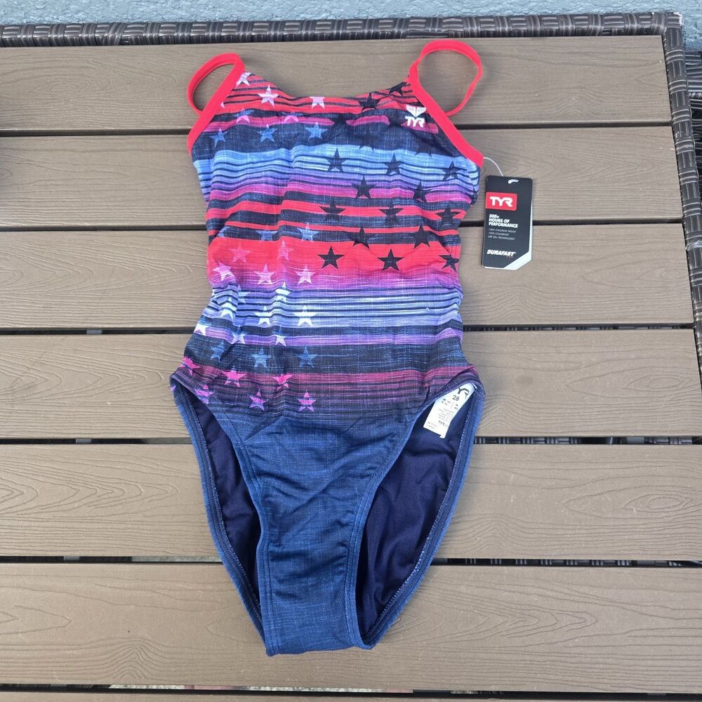 TYR Durafast Elite Women's Liberty American Cutoutfit One Piece Swim Sz 28 New